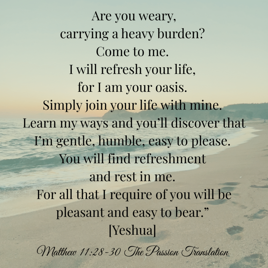 Footprints trailing along a quiet beach at sunrise, symbolizing a soul walking with Yeshua. Verse overlay: “Come to me… I will refresh your life.”
